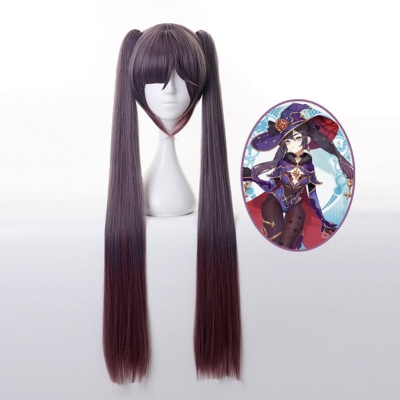Genshin Impact Mona Megistus Long Double Ponytail Dark Brown Cosplay Wigs