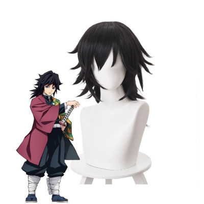 Demon Slayer Kimetsu no Yaiba Tomioka Giyuu Long Straight Black Cosplay Wigs