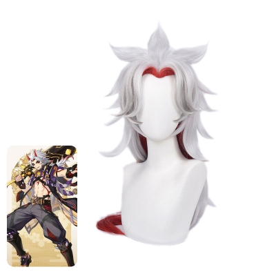 Genshin Impact Arataki Itto Silver Mixed Red Long Cosplay Wigs With Props