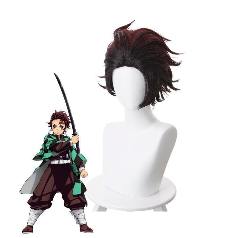 Demon Slayer Kimetsu no Yaiba Tanjirou Kamado Short Wine Red Men Cosplay Wigs