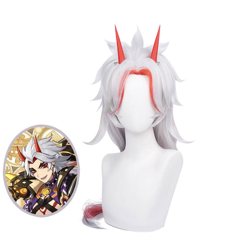 Genshin Impact Arataki Itto Silver Mixed Red Long Cosplay Wigs With Props