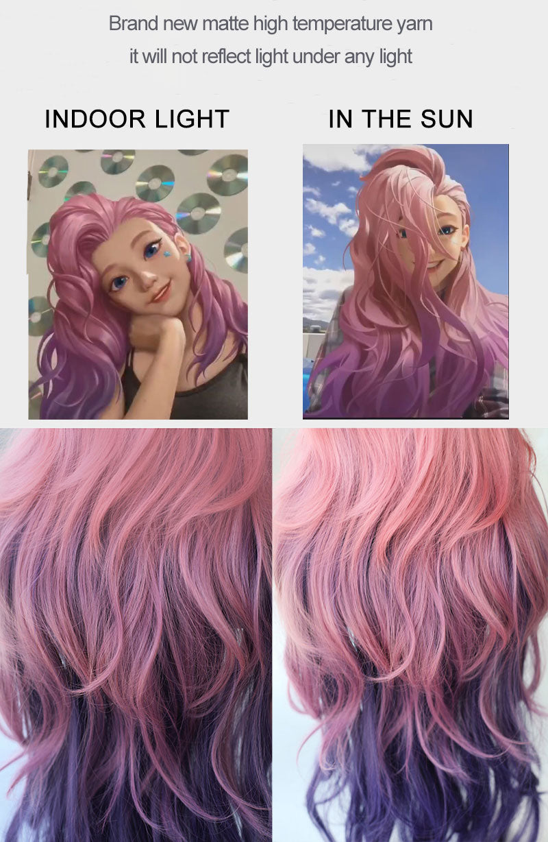 LOL Seraphine Ponytail Pink Gradient Purple Wavy Cosplay Wigs