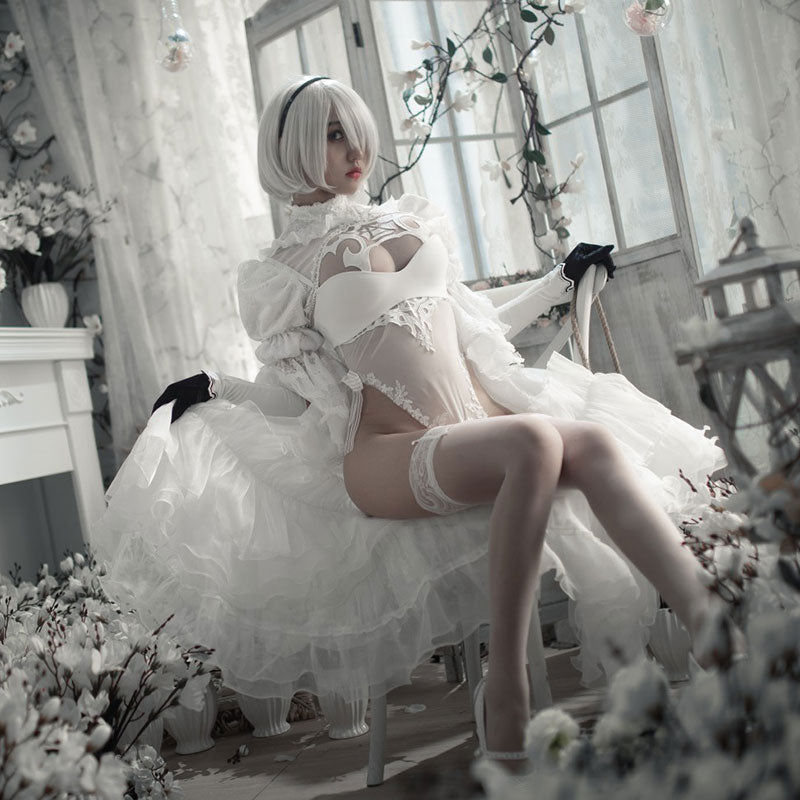 NieR: Automata 2B YoRHa No.2 Type B White Black Wedding Dress Cosplay Costume - Size Customization